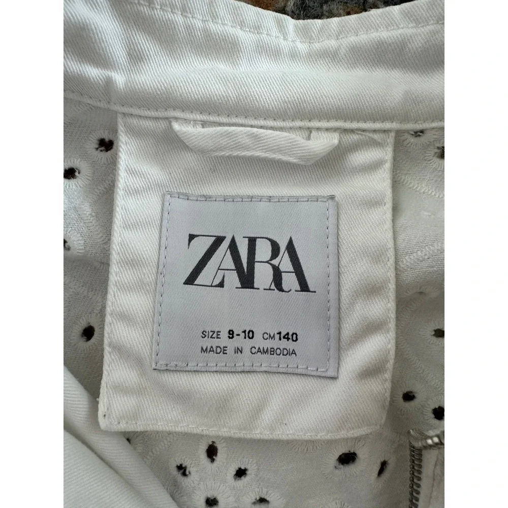 Zara Kids Girls White Eyelet Embroidered Cropped Bomber Jacket Zip Up Size 9-10